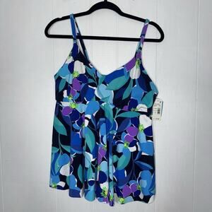 Swim Solutions Women’s V Neck Tankini Swim Top Floral Blue Size 18 NWT